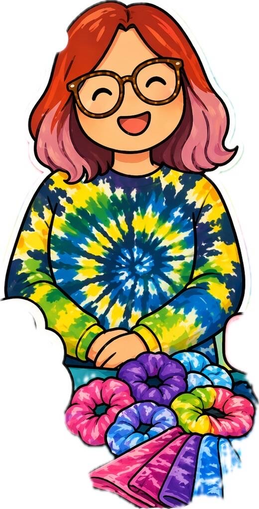 Illustration of Alli wearing a rainbow tie-dye shirt