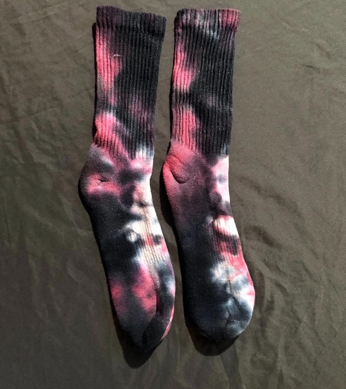 Pink and black tie-dye crew socks